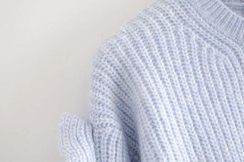 ZA светильник синего цвета с круглым вырезом и оборками вязаный свитер осень-зима Для женщин толстый теплый свитер свободного кроя, свободный нижний свитер Топ