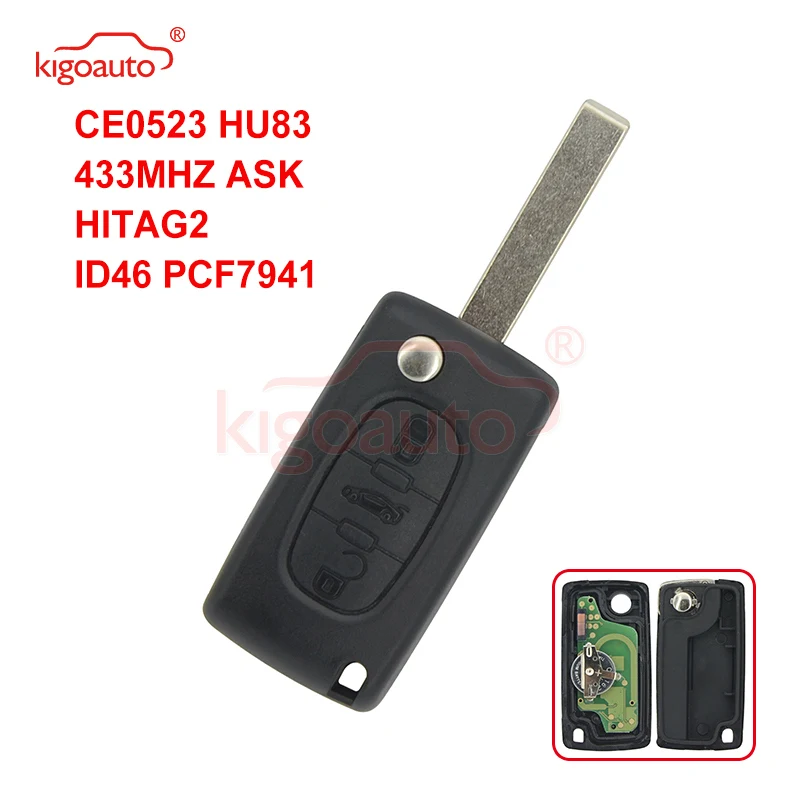 

Kigoauto CE0523 Flip remote key 3 button HU83 434Mhz pcf7941 ASK for Citroen C2 C3 C5