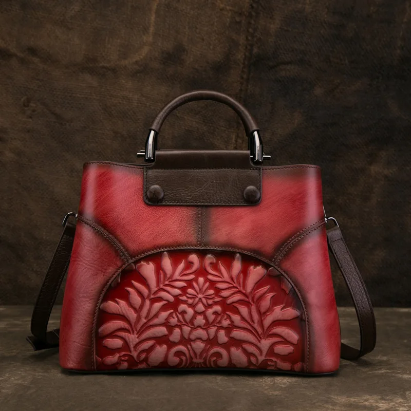 

Leather Lady Bag Retro-stitching and Embossing Hand-held Large-capacity Bag with Oblique Spanning Fashion Stream