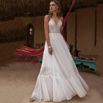 

Eightree V Neck Bohemian A Line Dresses Sexy Chiffon Backless Floor Length Bridal Gowns Beach Lace Appliques Vestido De Noiva