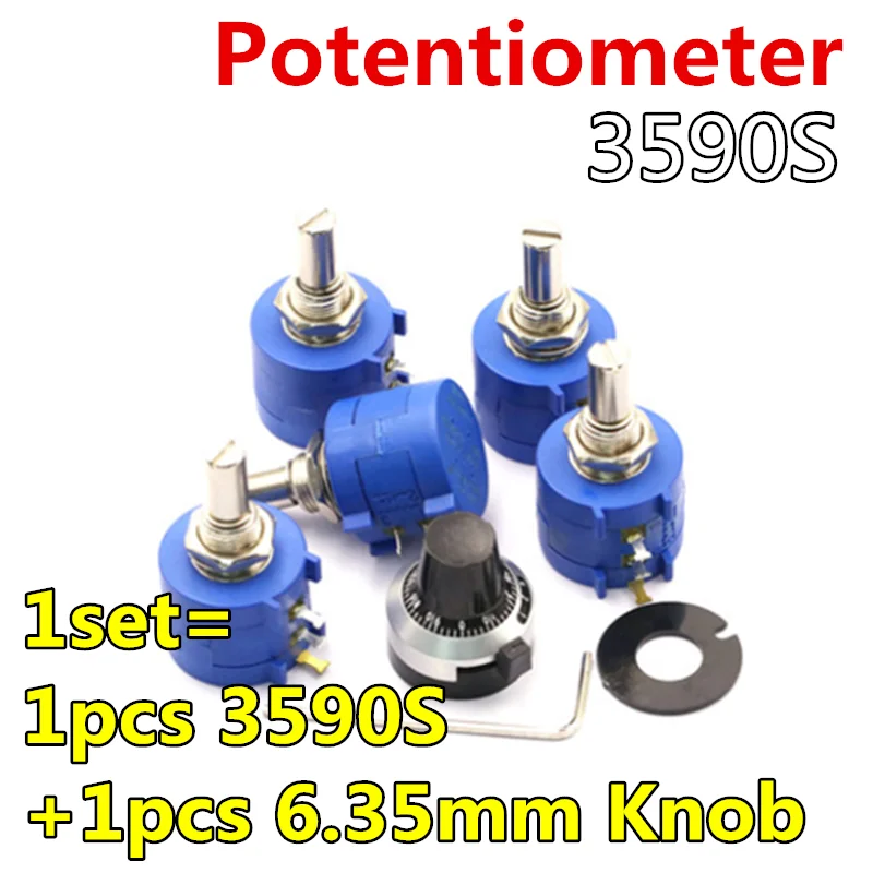 1set 3590S-2 3590S Precision Multiturn Potentiometer 10 Ring Adjustable Resistor+1PCS Turns Counting Dial Rotary 6.35mm Knob