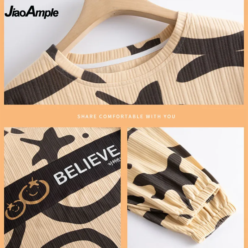 Pajamas Women Spring Autumn Cotton Long-sleeved Trousers Pijamas Two-piece Korean Cute Sleepwear Cartoon Homewear Nightie Set