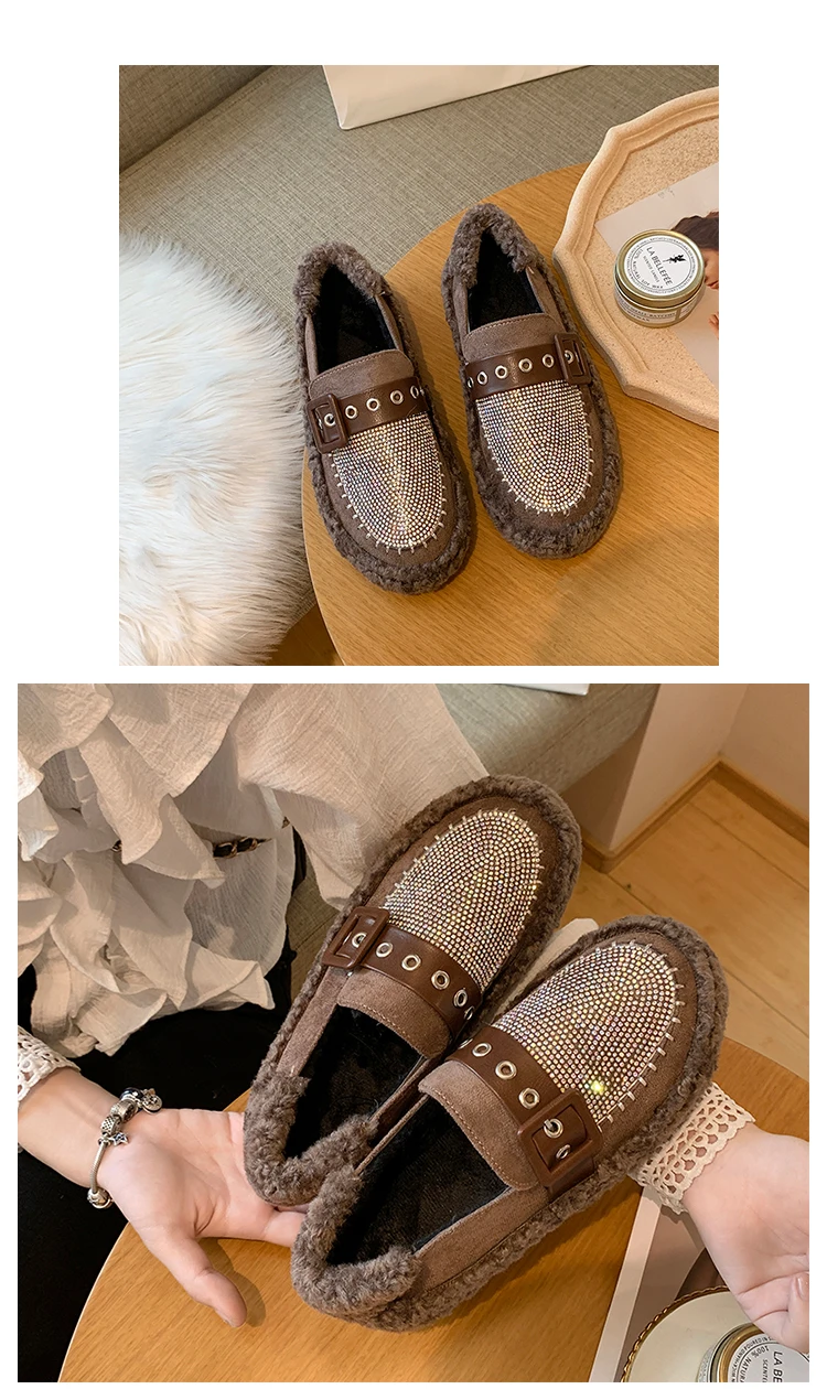 Korean Shoes Women All-Match Casual Female Sneakers Women's Moccasins Round Toe Autumn Loafers Fur Flats Crystal New Fall