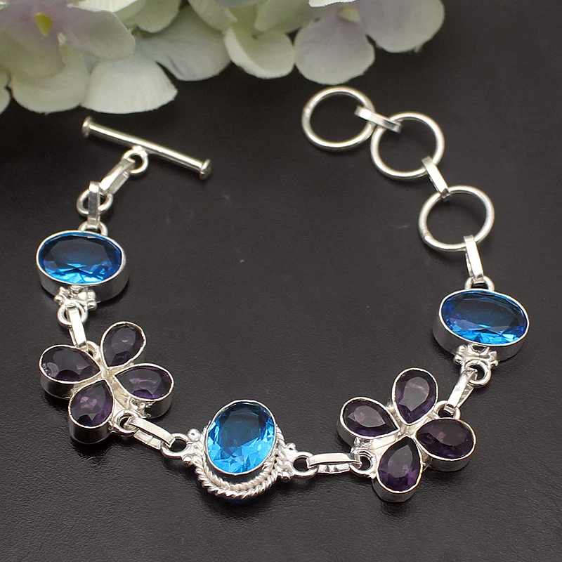 Hermosa Блестящий натуральный Bluetooth фиолетовый аметист925 Серебряный браслет для женщин 7,5 дюймов A781