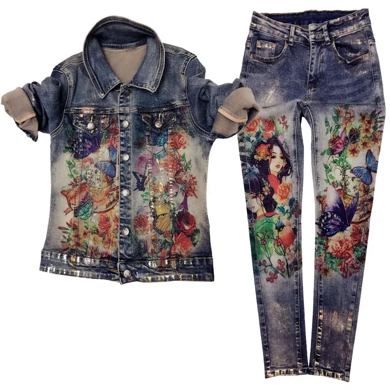 

Flowers Print Jacket Pants Suit Two Pcs Elastic Material Painting Fashion Trends Women Jacket Pant Set Skinny Jeans Jacket