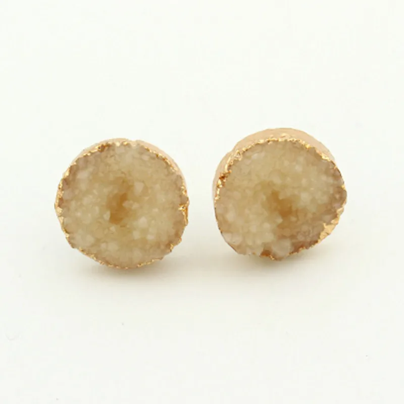 Bijoux, 1 пара, натуральный друзовый камень, серьги, модные, простые, серьги-гвоздики, золотой цвет, розовый, красный, Круглый, Drusy, серьги-гвоздики для женщин, ювелирное изделие
