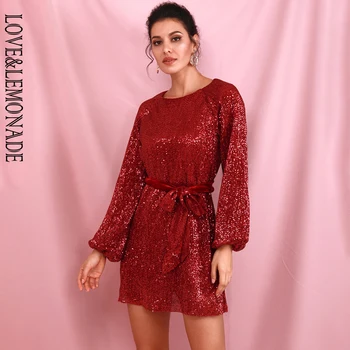 

LOVE&LEMONADE Deep Red Loose Lantern Sleeve Pleated Sequins Mini Dress (With Belt) LM82165