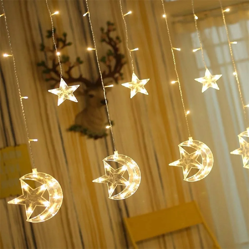 

2.5M 138leds moon star Icicle LED Curtain String Light Garden Xmas Christmas Ramadan Wedding New Year Party Decoration Lights