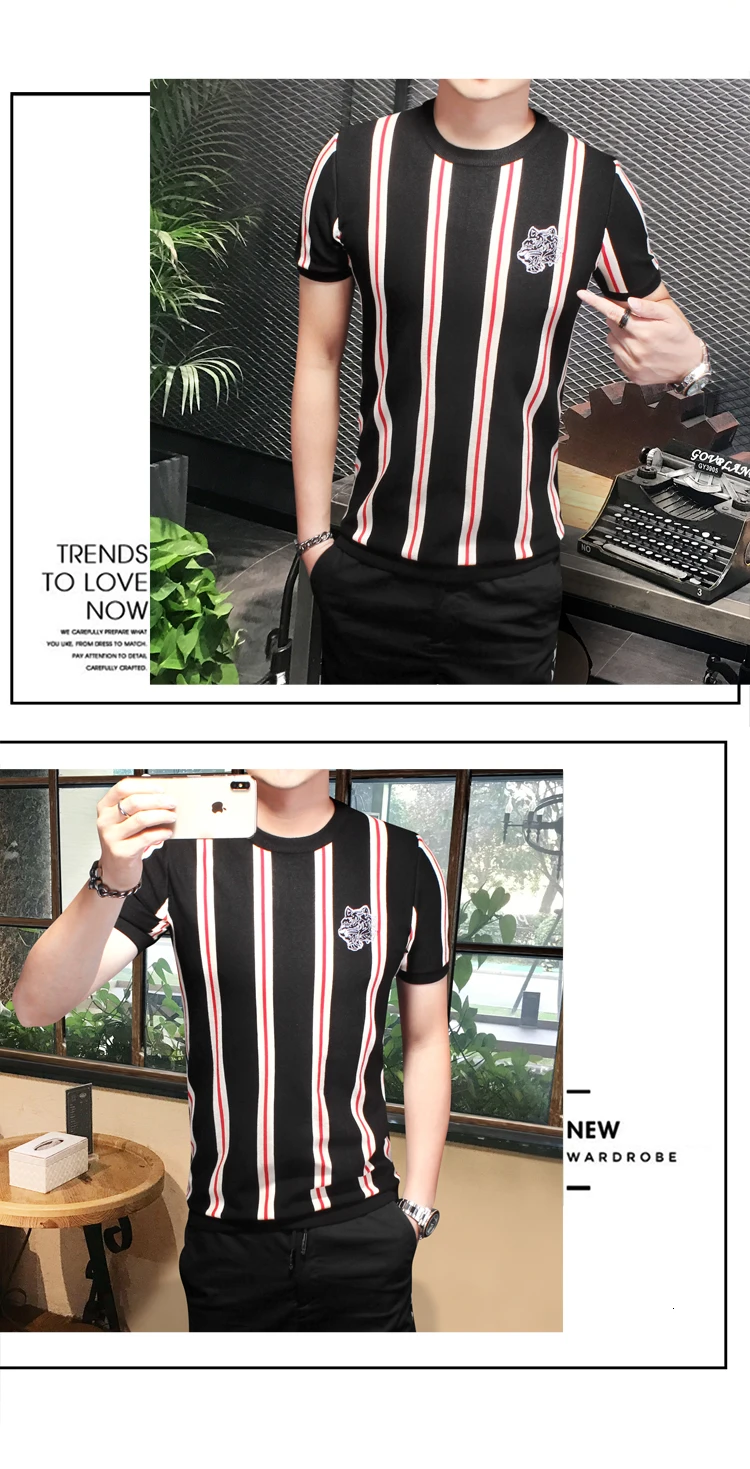 Camiseta Papai Noel, новинка, короткий рукав, трикотажная футболка для мужчин, Vete, Мужская футболка, Homme, уличная одежда, Полосатый пуловер с вышивкой животных, черный, белый
