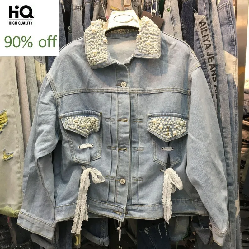 

Single Breasted Embroidered Flares Ribbons Womens Denim Jackets Euro Autumn New Sweet Loose Streetwear Female Outerwear Coats