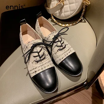 

ENNIS New Korean Style Women Casual Shoes Leather Round Toe Mixed Color Lace Up Oxford Shoes Beige Black Flats 2020 Spring C0001