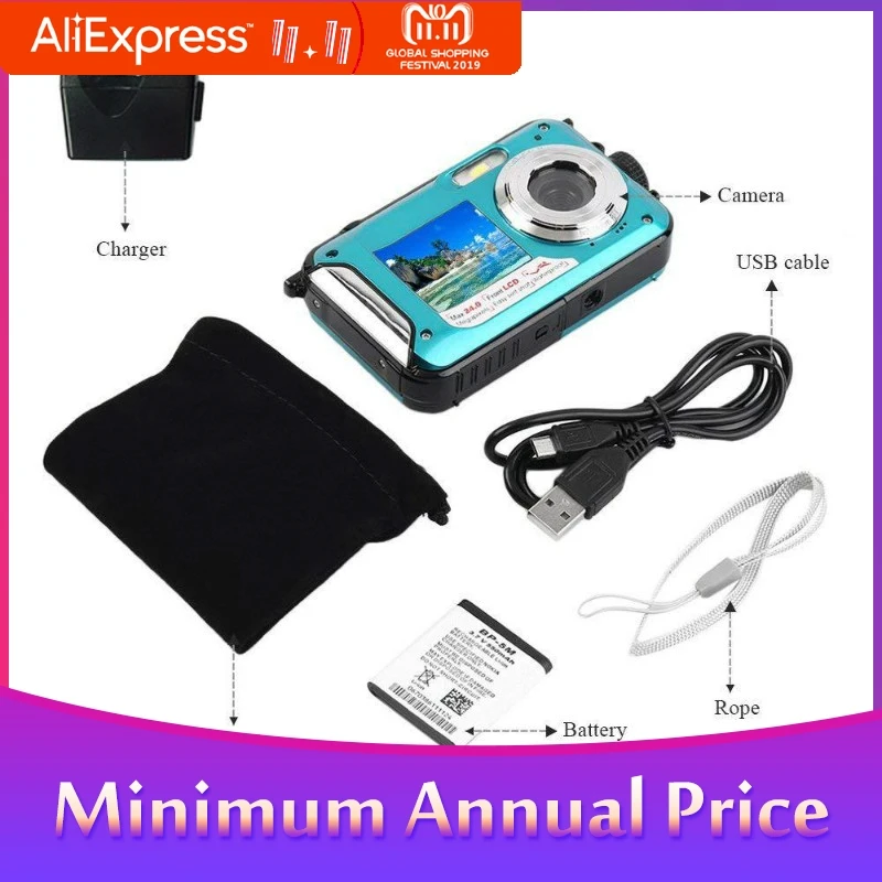 

Full HD Waterproof Digital Camera Underwater Camera 24 MP Video Recorder Selfie Dual Screen DV Recording Camera R20