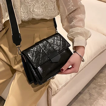 

New Fashion Flap Crossbody Bags for Women PU Leather Messenger Shoulder Bags Lady Solid Cover Wide Shoulder Braid Bag Lock