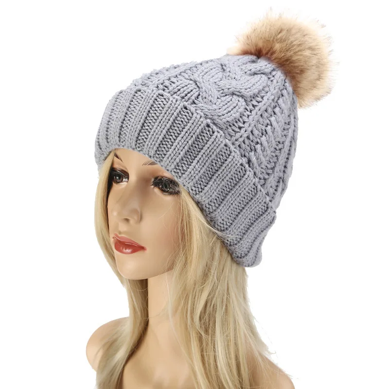 

Fur Ball Pompom Winter Hats Women Knitted Thicken Warm Winter Hat Cap Lady Warm Cap Solid Solid Female Fashion Bonnet Femme