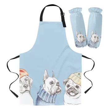 

Blue Pet Dog Bulldog Pug Kitchen Aprons Kit Unisex Dinner Party Cooking Bib Funny Pinafore Cleaning Apron Sleeve Baking Gloves