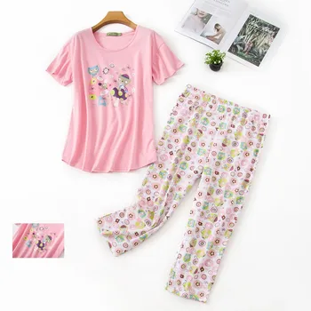 

Women's Pajamas Pants Short Sleeve T-shirt 2 Piece/Set Sexy Hot Big Size Mom Home Top Women Cotton Sleepwear 2020 New Clothing