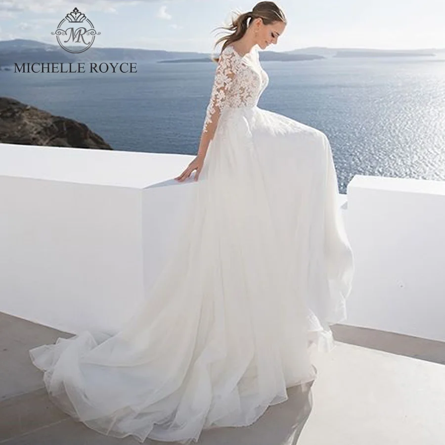 

Michelle Royce A-Ling Wedding Dresses 2020 V-neck Long Sleeve Appliques Button Chapel Train Wedding Gowns Vestido De Noiva