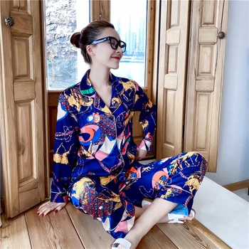 

Pajamas Women's Artificial Silk Popular Long Sleeve Long Pants LeisureSet High-End Silk Cardiga Pajamas sleepwear pyjamas women