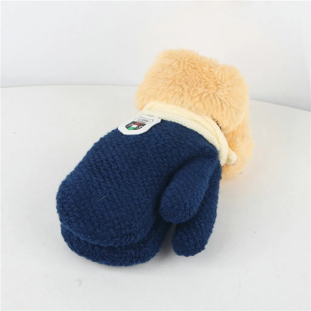 Зимние теплые перчатки для детей, сохраняющие тепло, вязаные толстые меховые вязаные перчатки, милые детские перчатки для мальчиков и девочек - Цвет: Navy