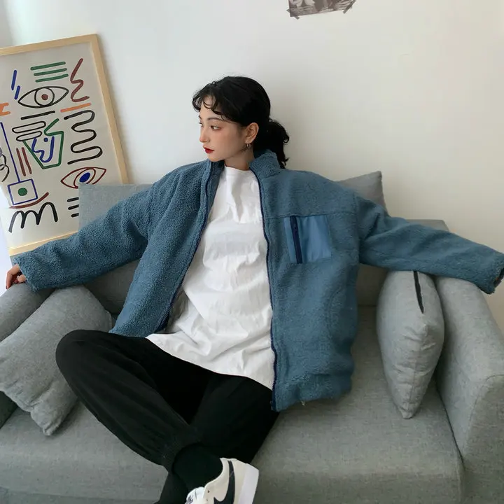 Большой размер, водолазка, карман на молнии, искусственная овечья шерсть, плюшевая теплая хлопковая стеганая куртка, Свободное пальто для женщин и мужчин, уличная одежда, Топ
