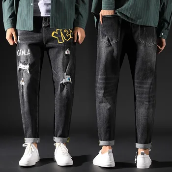 

2020 New Spring & Autumn Black Holes Men Jeans Loose Printing Teenagers Elastic Force Nine Part Pants Classic Casual Jeans