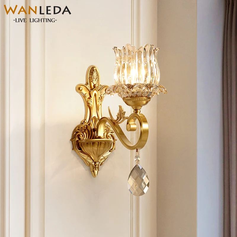 

E14 lamp holder Copper European Crystal Wall Lamps Luxury Living Room Aisle Wall Lamp Bedside Lamp Bedroom Room wall Light