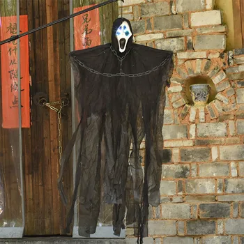 

Halloween Black Hanging Ghost Look Fierce Scary Face Horror Voice Demon Haunted House Pendant Decoration Electric Toys Props