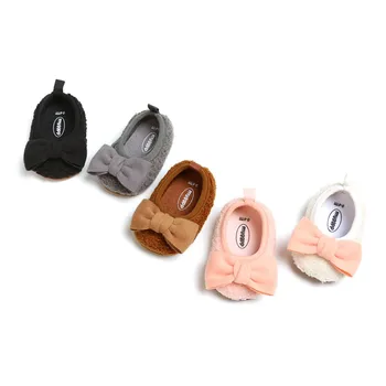

5\\ Colors Baby Girl Shoes Fleece Plush Bowknot Solid Casual Sneakers Toddler Lovely Soft Soled Walking Shoes