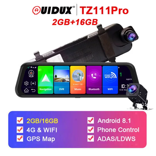QUIDUX 4G ADAS Автомобильный видеорегистратор Камера 1" Android 8,1 поток медиа зеркало заднего вида FHD 1080P WiFi gps видеорегистратор Регистратор Видео Регистратор - Название цвета: TZ111Pro