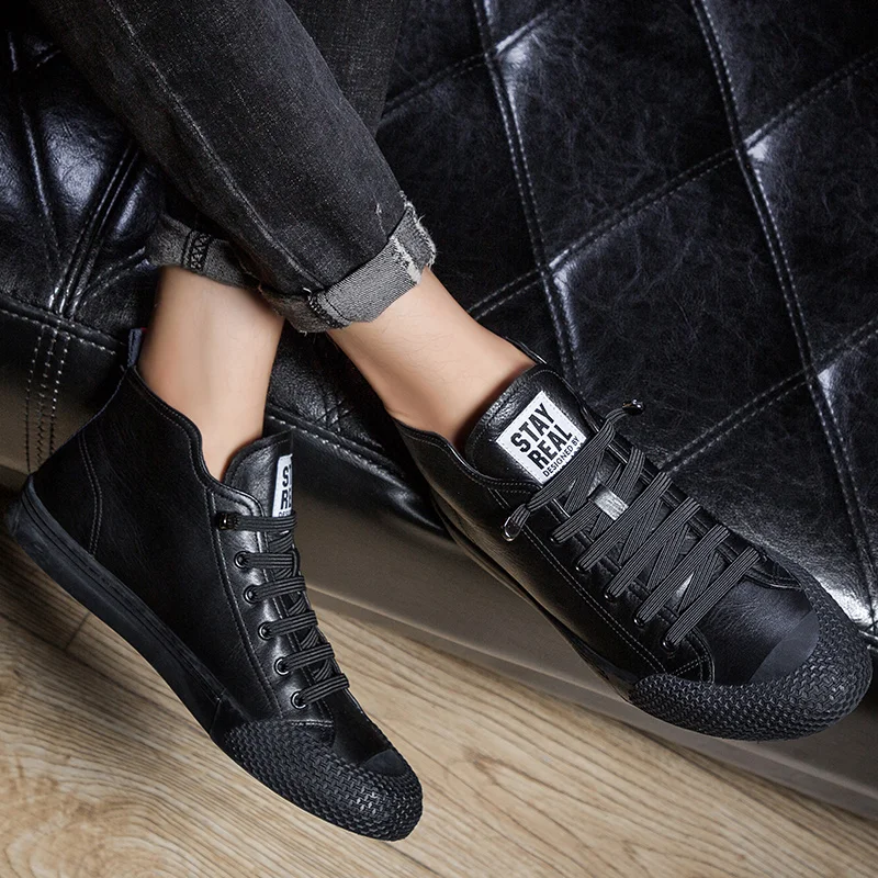 Autumn Winter Men Shoes High-Top Genuine Leather Outdoor Casual Shoes Sneakers Breathable Non-slip Walking Shoes White Simple