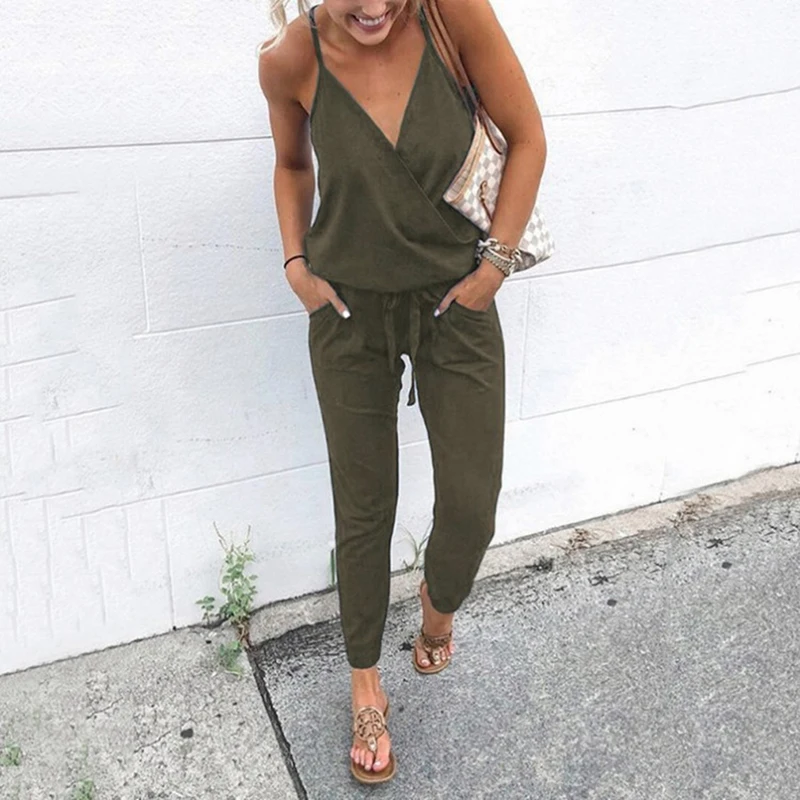 2021 Summer Women Holiday Casual Sleeveless Jumpsuits Fashion Ladies Solid Color Bodysuit Wide Leg Loose Long Pants Trousers