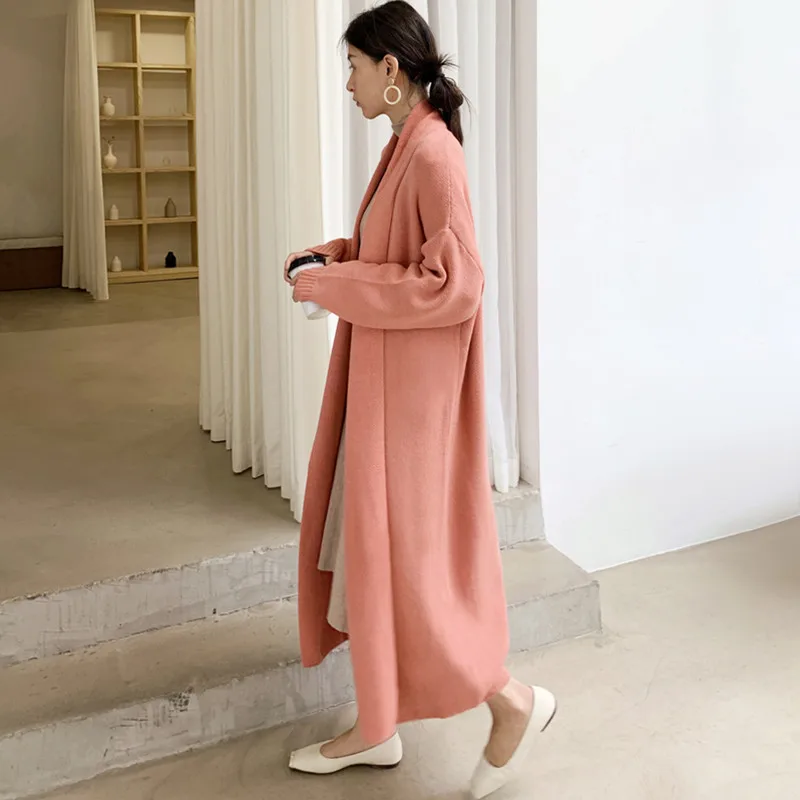 Grapefruit color Корейский женский кардиган размера плюс, длинный рукав, Осень-зима, ленивый стиль, элегантный женский длинный вязаный свитер с v-образным вырезом, кардиган, пальто - Цвет: Grapefruit color