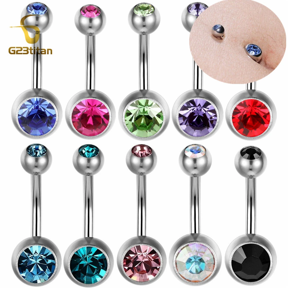 G23Titian 14G 8mm 10mm 12mm Surgical Titanium Belly Button Rings Zircon  Navel Bar Body Piercing Jewelry Nombril Ombligo Barbell