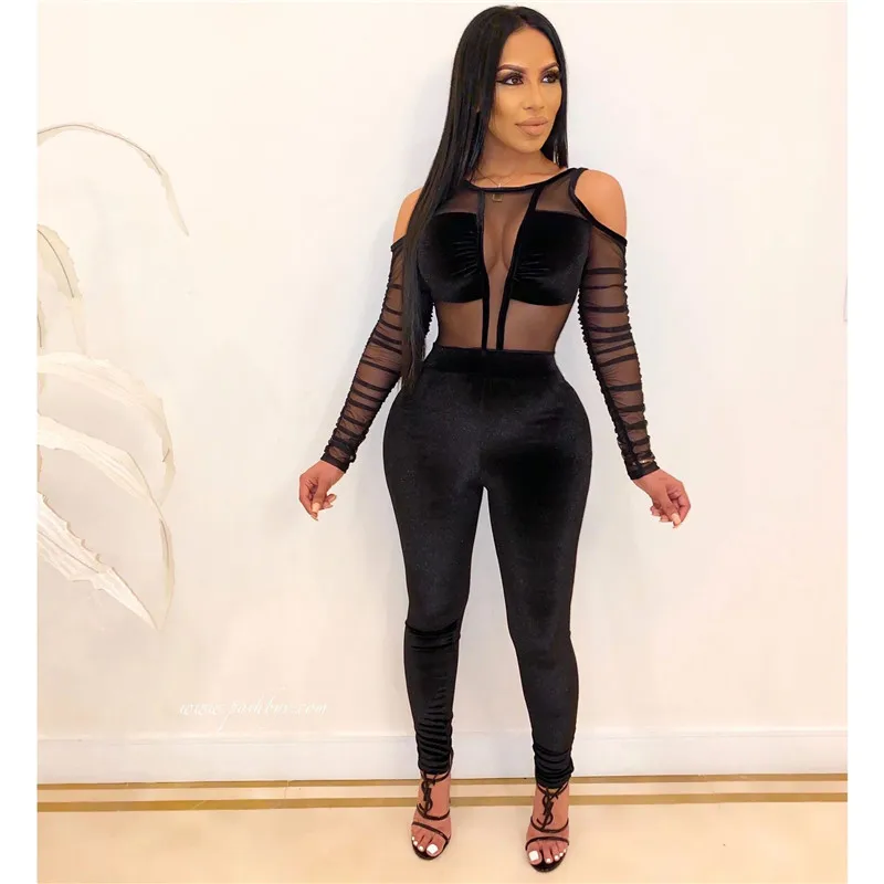 black jumpsuit Adogirl Sheer Mesh Patchwork Velvet Jumpsuit Women Sexy Cold Shoulder Long Sleeve Skinny Romper Night Club Overalls Bodysuits - Цвет: black jumpsuit