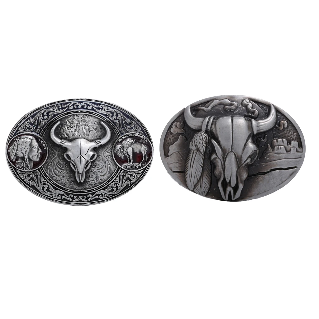Western Belt Buckle Replacement - Engraved Bull Head - Oval Cowboy Belt Buckle