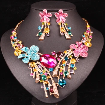

NEW LUXURY INDIAN BIG FLOWERS JEWELRY SETS WEDDING NECKLACE EARRINGS SETS CRYSTAL SETS PARTY COSTUME JEWELLERY GIFTS FOR WOMEN