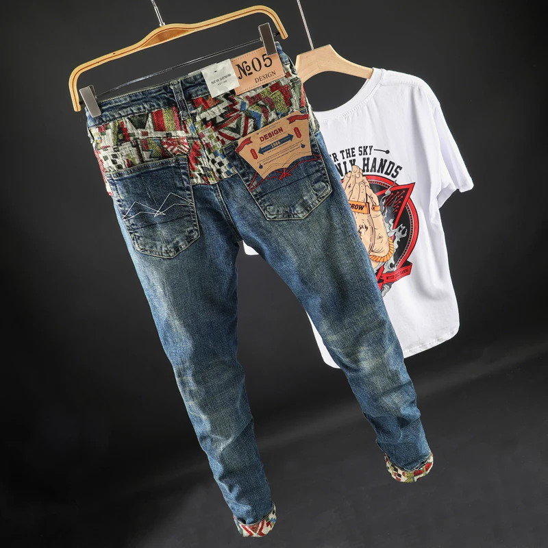 Fashion Streetwear Jeans High Quality Elastic Slim Fit Embroidery Designer Denim Pants Japanese Style Patchwork Trousers