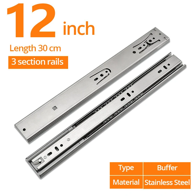 Buffer 12inch 30cm NAIERDI 1"-22" выдвижные направляющие для шкафа из нержавеющей стали с мягким закрытием, Трехсекционные направляющие для ящиков, направляющие для ящиков, буферные демпферные направляющие, оборудование - Цвет: Buffer 12inch 30cm