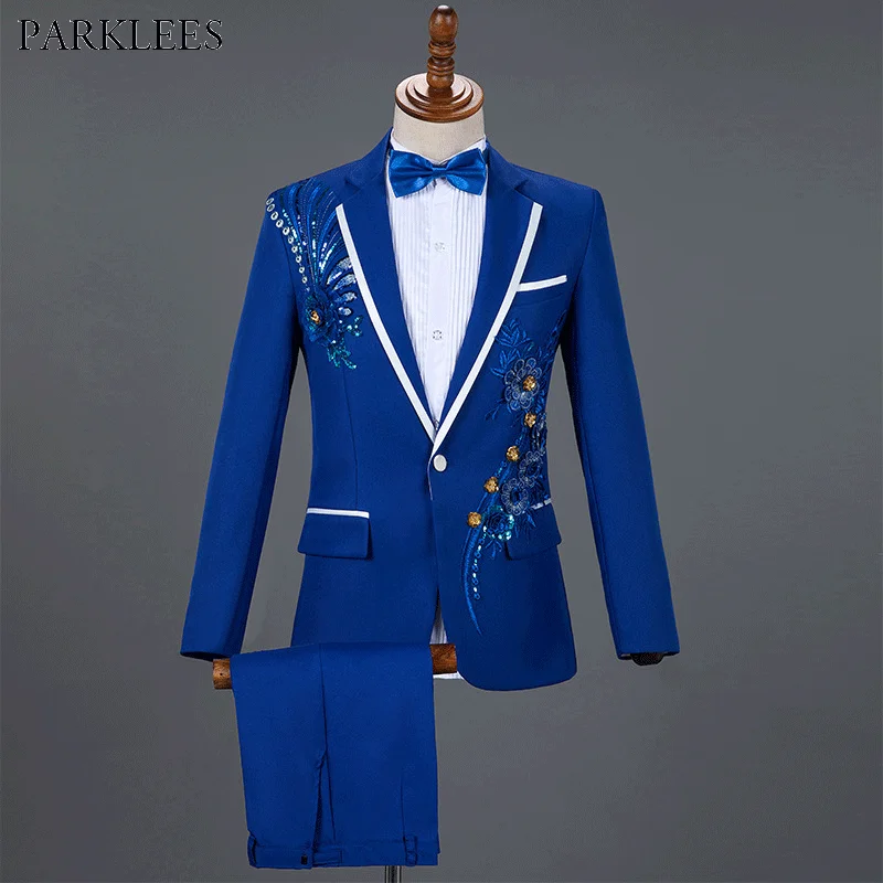 Costume de Smoking Bleu Royal à Paillettes Brodées pour Homme, Tenue de Mariage, Pantalon à un Bouton, Revers Patricia, Scène, 2XL