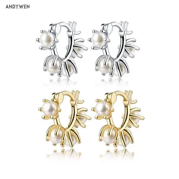 

ANDYWEN 925 Sterling Silver Gold Pearl Huggies Pendiente Hoops Earring Circle Round Zircon Natural 2020 Fashion Rock Punk Jewels