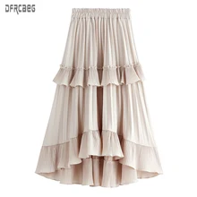 Весна, плиссированная Женская юбка средней длины с высокой талией, асимметричная Женская юбка средней длины с эластичной талией, корейский стиль, многослойная юбка с оборками