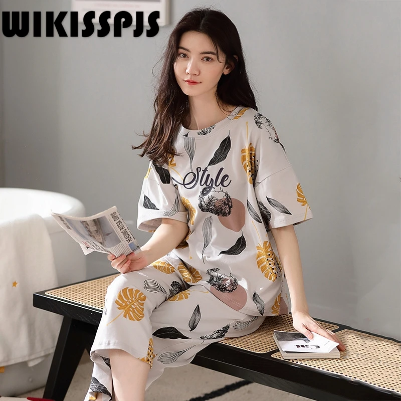 

WIKISSPJS 2022 Summer New Cotton Round Neck Pajamas Women's Short Sleeve Capris Simple Natural Home Clothes Lounge Wear