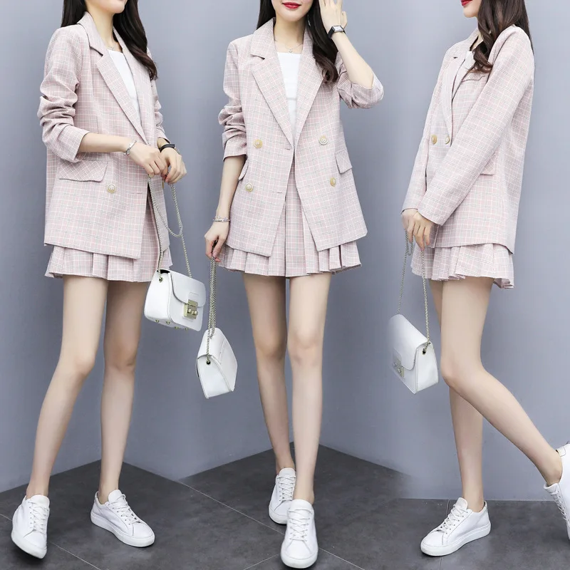 

Pink Plaid Suit Dress Outfit Korean-style Spring And Autumn Online Celebrity Non-mainstream Coat Pleated Short Skirt Two-piece D