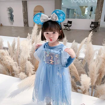 

2020 New Fashion Snow Flakes Dress for Kids Girls Lce Blue Sequin Velvet Dress for Children Clothing