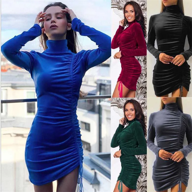 

Suede Drawstring High Collar Long Sleeve Casual Shirt Dresses Woman Dress Women's Clothing Base Tight Slim Dress Bodycon