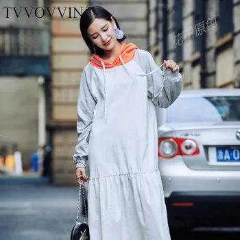 

Korea 2020 Autumn Winter New Patchwork Color Full Sleeve Ruffles Hooded Loose Casual Irregular Woman Dress Sweatshirt Z708