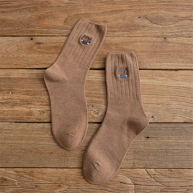 Cartoon Cat Embroidery New Cotton Short Socks Fashion Japanese Solid Color Concise Women Sock Spring Autumn Winter Cute Socks SK052-5