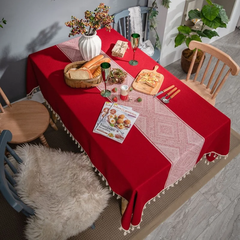 

Red Christmas Diamond Jacquard Tablecloth Wedding Table Cloth Tassel Polyester Table Cover Home Decor New Year Xmas Table Runner