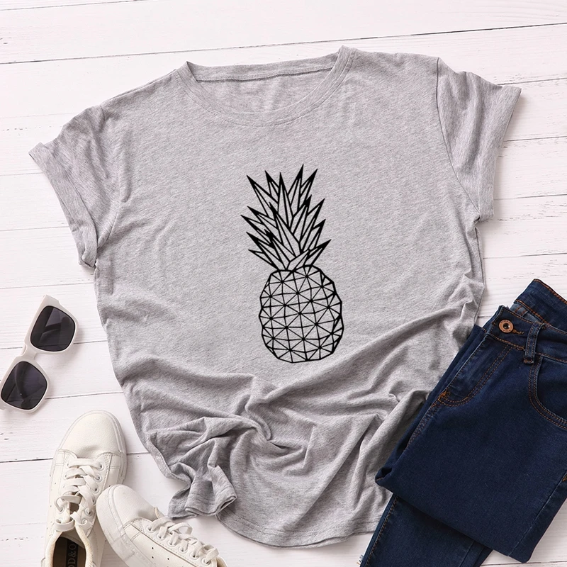 Хлопок плюс размер women женские футболки Графические футболки женские рубашки летние топы с принтом ананаса забавная футболка фрукты Футболка Топ - Цвет: Light Gray