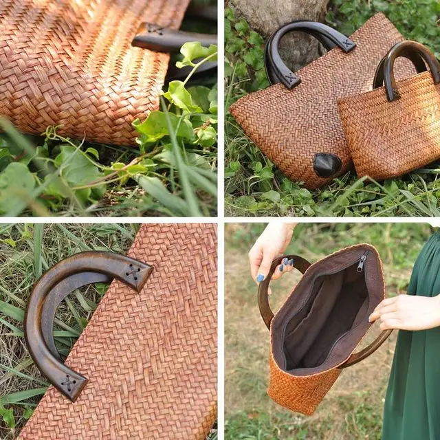 Handmade straw bag retro rattan straw woven handy beach bag simple art weaving bag 6